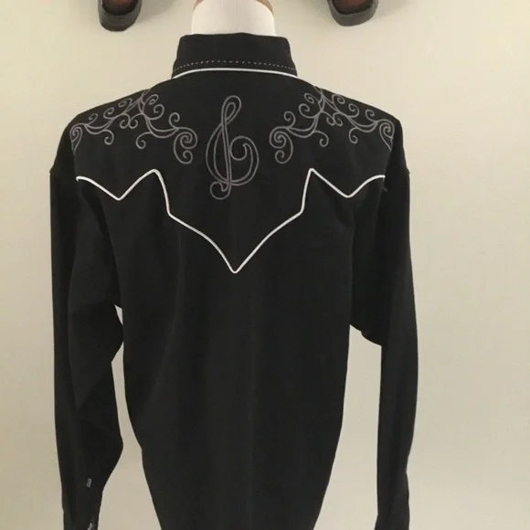 Panhandler Slim Western Wear Black Embroidered Pearl Diamond Snap Button Shirt - Picture 7 of 14